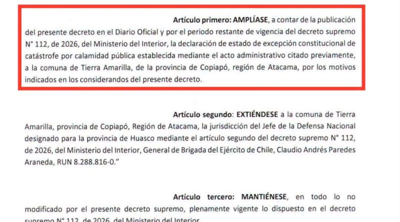 Amplían estado de excepción constitucional a Tierra Amarilla
